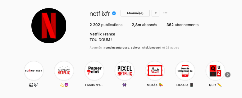 Capture d'écran de la page Instagram de Netflix France