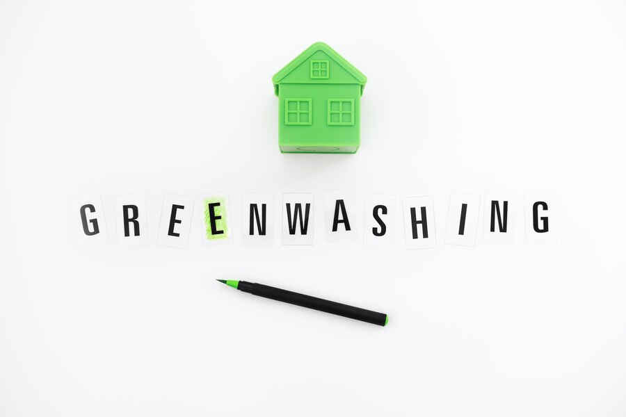 Dessin d'une maison verte et d'un stylo noir qui montre le mot "greenwashing".

