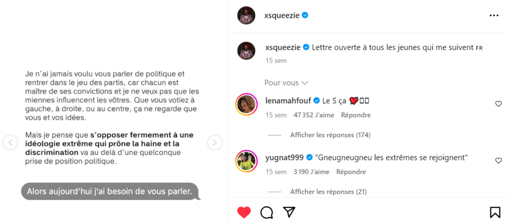 Capture d'écran du post Instagram de Squeezie posté peu avant les élections législatives en France. Il exprime ses opinions politiques et incite sa communauté à suivre ses idées.