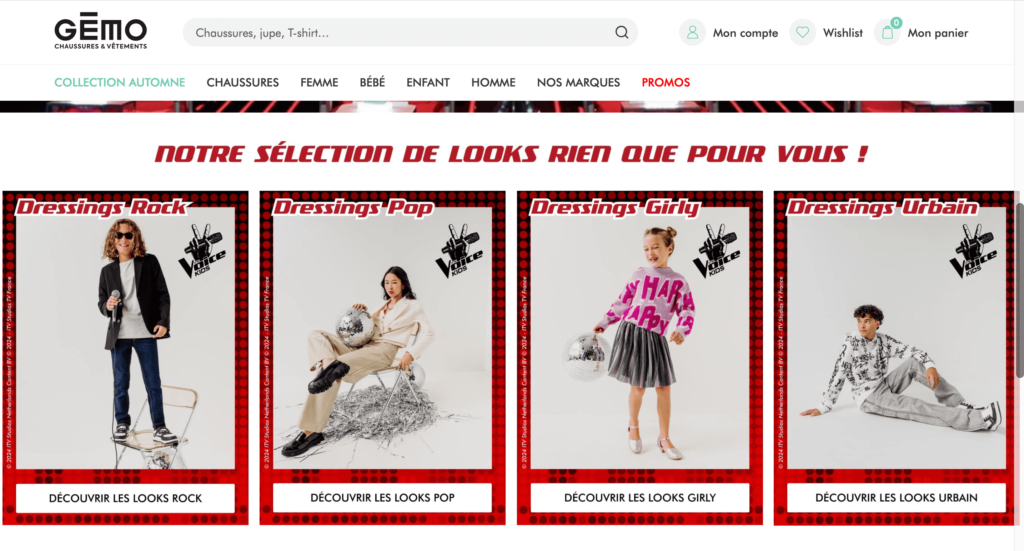 L'image est une capture d'écran du site e-commerce de Gémo. Le site propose des pages dédiées aux tenues que l'on peut voir dans le clip Gémo X The Voice Kids.