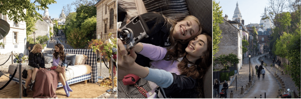 Collage de scènes d'Emily in Paris : à gauche, Emily et une amie sont assises sur un lit en plein air devant une rue parisienne, symbolisant un événement créatif en extérieur ; au centre, Emily et une amie prennent un selfie avec un grand sourire, illustrant leur complicité et l'esprit des réseaux sociaux ; à droite, une vue pittoresque d'une rue pavée de Montmartre, capturant l'essence romantique et emblématique de Paris.