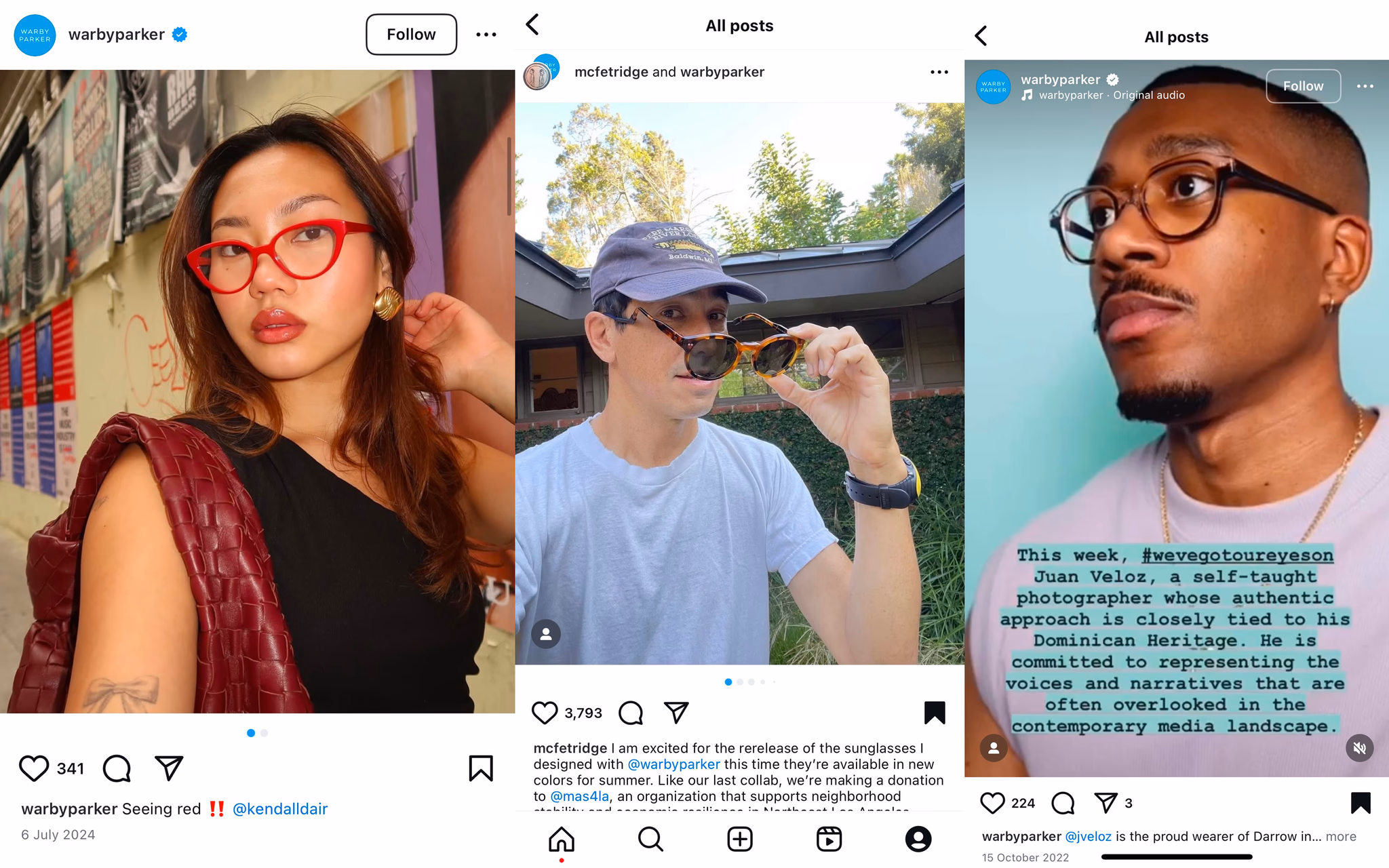 Publications instagram de Warby Parker mettant en avant ses micro-influenceurs