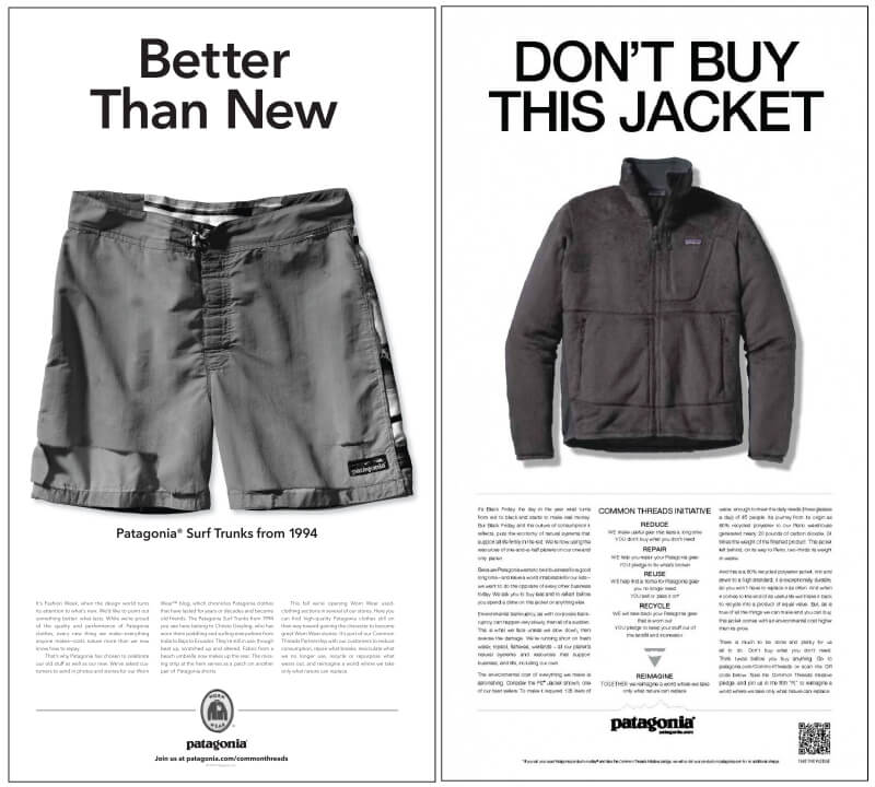 Affiche Patagonia – Durabilité et consommation responsable Affiche publicitaire Patagonia montrant un short de surf et une veste avec les slogans "Better Than New" et "Don’t Buy This Jacket", promouvant la durabilité.