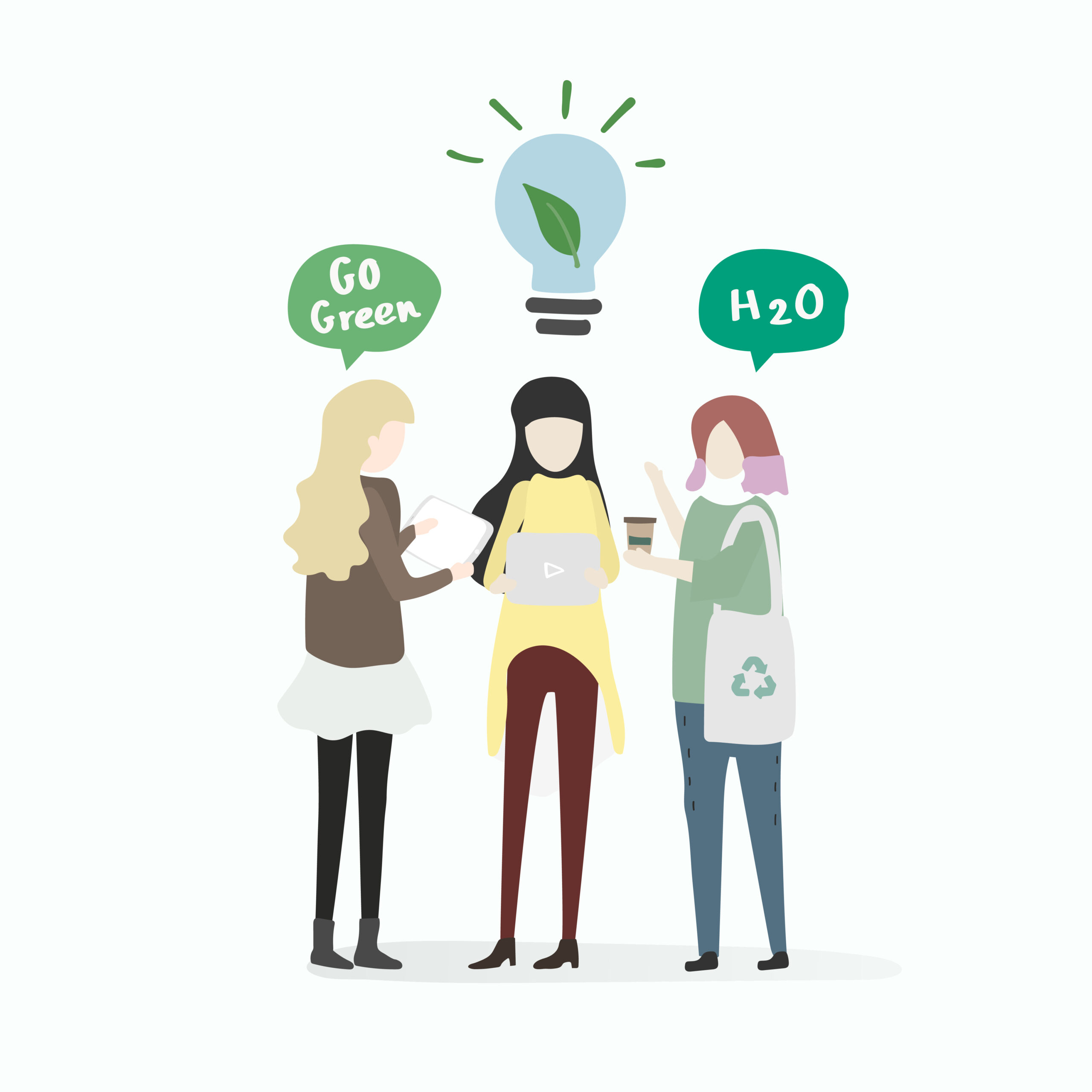 Cette illustration plate au style épuré montre trois personnes échangeant des idées écologiques sur fond blanc.
L'image illustre le remue-méninges (brainstorming), la sensibilisation à l'environnement et la recherche d'initiatives durables.
