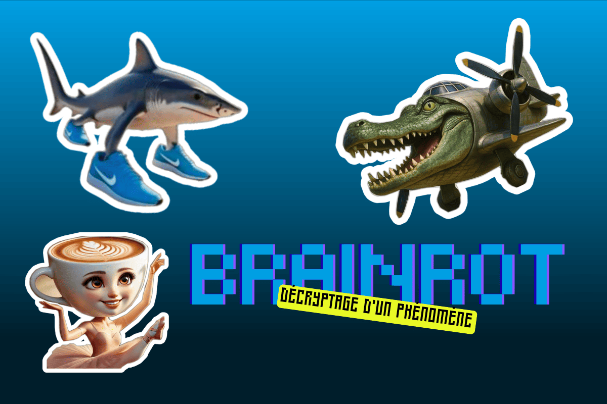 Créatures IA absurdes (requin à baskets, crocodile-avion, femme-tasse) illustrant le phénomène brainrot