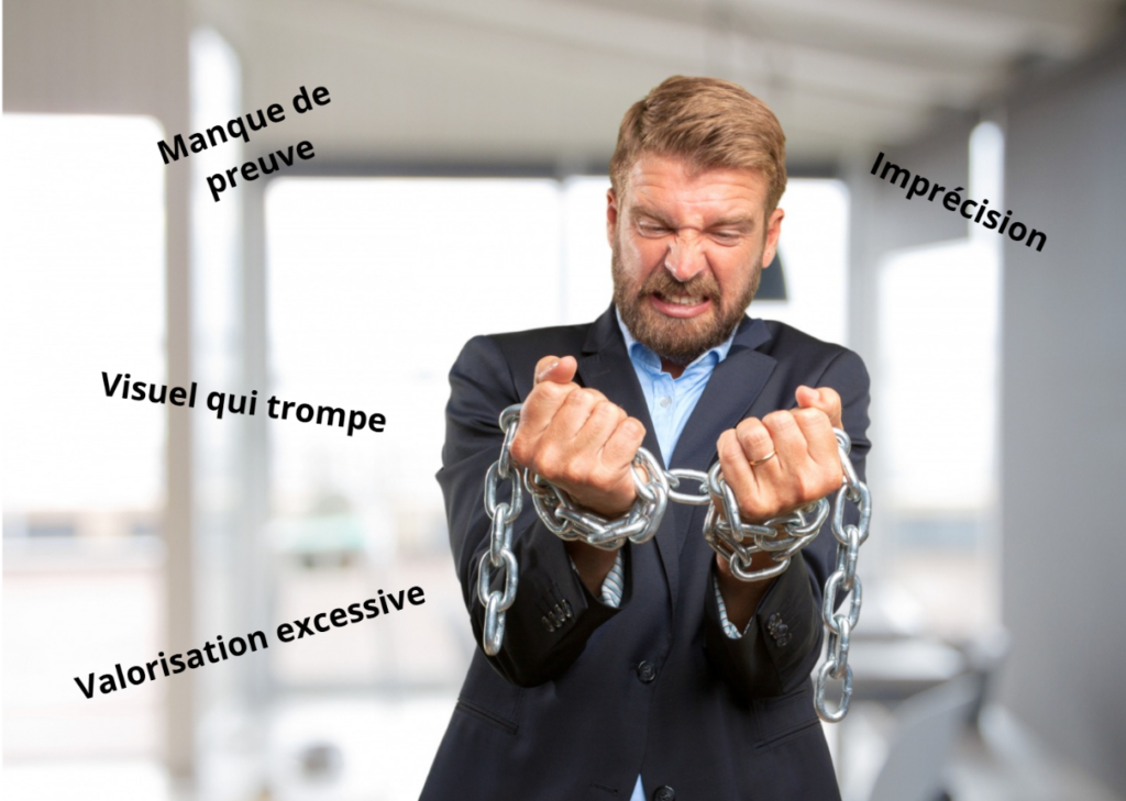 Cette image présente un homme en costume, l'air très frustré et grimaçant, avec les poignets enchaînés par une grosse chaîne en métal.
L'ensemble symbolise le sentiment d'être piégé ou bloqué par des erreurs de communication, des pratiques de greenwashing ou un manque de rigueur.