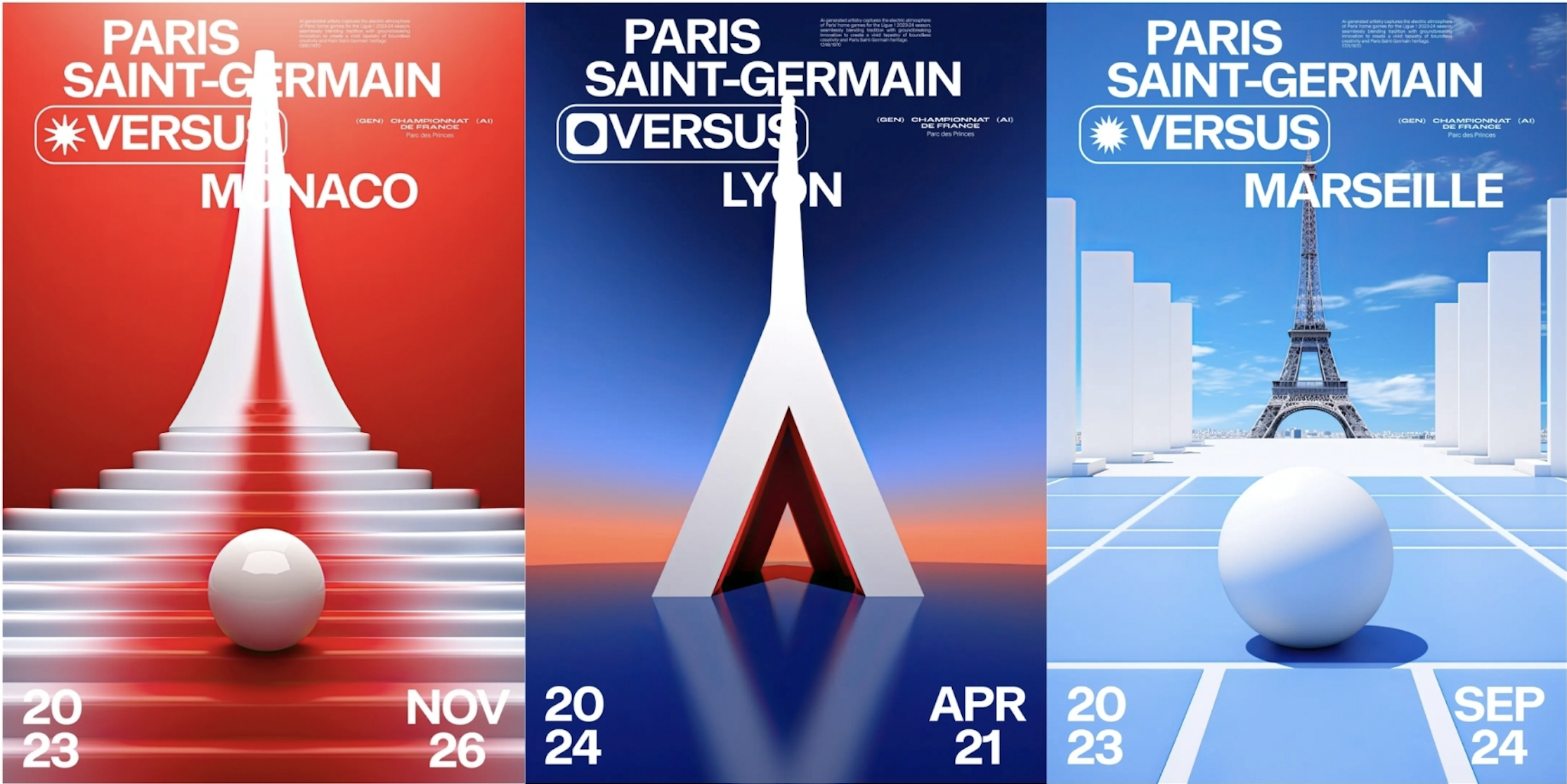 Trois affiches matchday 2023-2024 du PSG créées par IA générative, contre Monaco, l'OM et l'OL