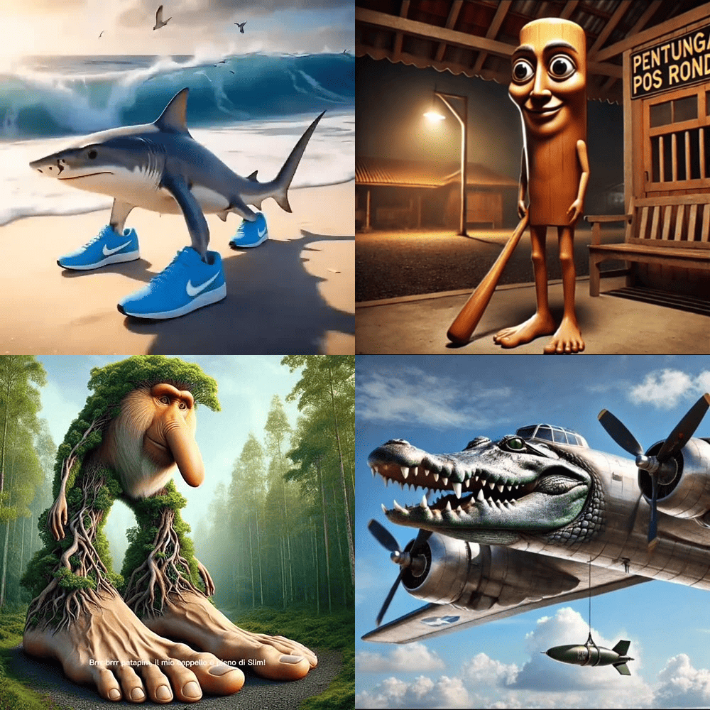 Grille de 4 personnages brainrot italiens : requin en baskets Nike sur une plage, silhouette en bois tenant une batte de baseball devant un poste de garde, créature arborescente aux pieds racines dans une forêt, et crocodile-avion bombardier dans le ciel