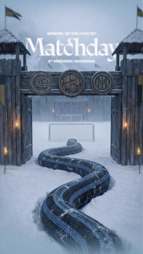Capture de la vidéo matchday de l'Inter (le Biscione) contre Bodø/Glimt, animée par IA générative