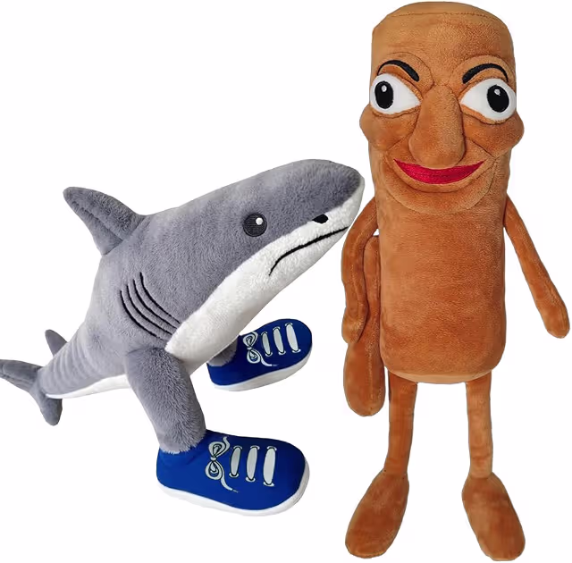 Peluches personnages brainrot : requin en baskets bleues et personnage en bois souriant aux grands yeux, sur fond blanc