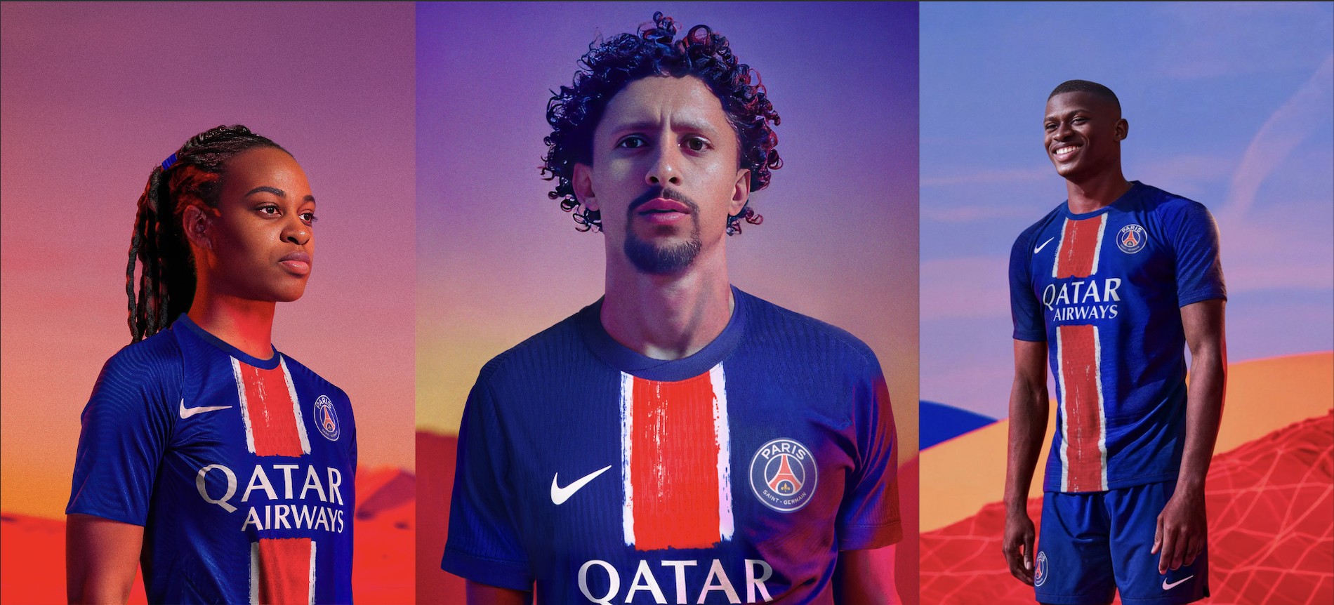 Campagne 100% générée par IA du PSG pour le maillot domicile, joueur Marquinhos et Nuno Mendes