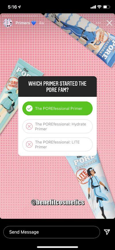 Sondage Instagram de Benefit Cosmetics demandant aux abonnés de choisir leur primer préféré