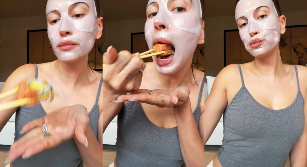 Hailey Bieber portant un masque de soin et mangeant des sushis pour le Mask and Maki Challenge